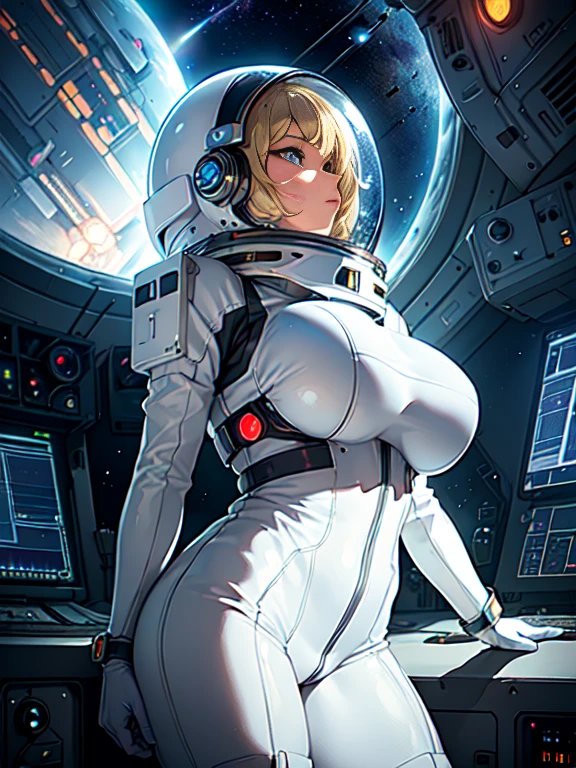 Masterpiece, 4girls, each dressed in sleek spacesuits. The maids are wearing identical uniforms, beauty and cute, high detailed, dinamic lighting, vivid colours, ultra large saggy breasts, massive cleavage exposed, A giant spacecraft navigating interstellar space, Sophisticated design, huge geometric figures stacked in layers,standing, white skin, blue eyeballs, blonde hair, happys, various hair styles, harem, perfect eye, perfect face, Symmetrical eyes, well-aligned, with a natural and proportionate gaze, Observing their master with a servile gaze.