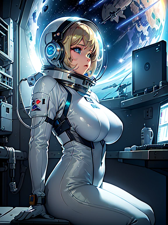masterpiece:1.4, 1girl in ((20yr old,space helmet、 Wearing a futuristic white and silver costume, Tight Fit Bodysuit, long boots, Very gigantic-breasts, Multicolored blonde hair, a short bob, Perfect model body, Blue eyes:1.4, Wearing headphones, Flirting, Looking out the window of the futuristic sci-fi space station、While admiring the beautiful galaxy:1.2, SFSF control room on night background:1.1, Neon and energetic atmosphere:1.2)) ((Galaxy)) ((Solo:1.6))