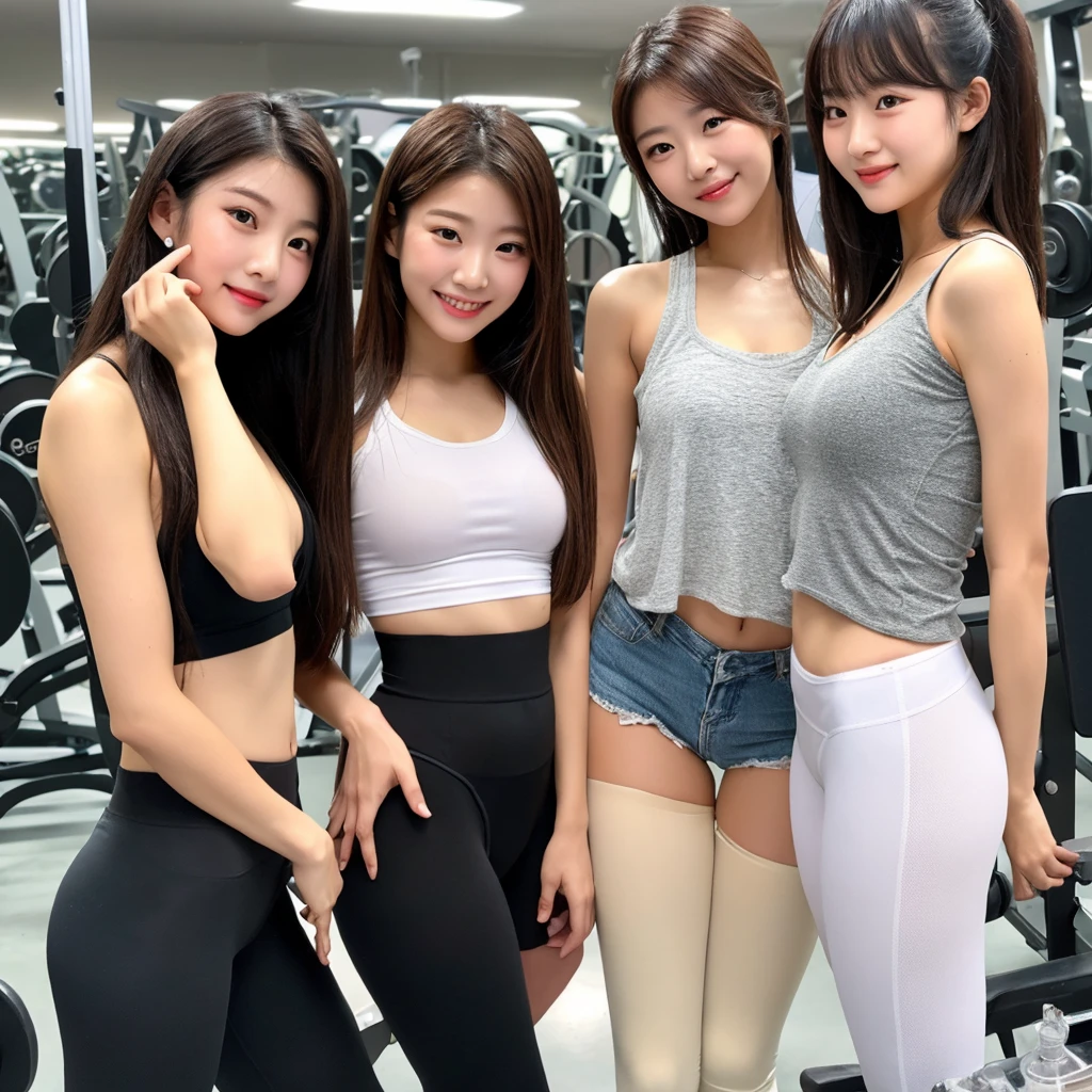 (Masterpiece: 1.3), (Maximum Resolution: 1.4), Cinema Light, Ultra HDTV, (Detailed Eyes and Skin), (Detailed Facial Features), HDR, 8k Resolution, in school hallway, Beautiful Perfectly Figured (two Women), (full body shot), (K-pop Idol), (Round Eyes, Double Eyelids, Natural Makeup), ( Beautiful layered, 20 yo), college night out, shy smile, excited: 1.5, (tight top:1.1), (mini tight gym shorts:1.1), (huge breasts), cleavage, embrace each other, no bra, abs