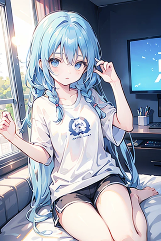 A teenage girl with blue eyes and aqua colored hair, in an oversized t-shirt Is playing games