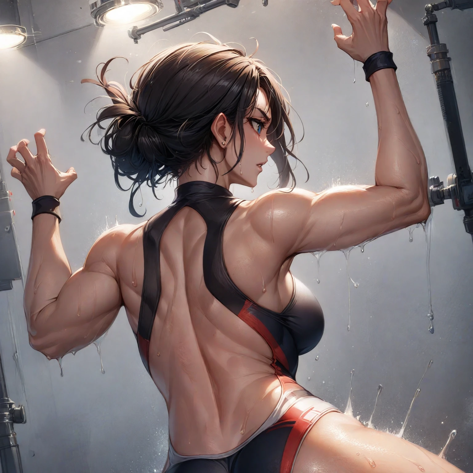 masterpiece, highest quality, (Highly detailed CG Unity 8k wallpaper), (highest quality), (Best illustrations), (Best Shadow), Confused, Realistic lighting, (abyss), Beautiful and delicate shine,Random Pause,((Bare skin wet with sweat,Female professional wrestler)),Cute freckles on the cheeks,Mole under left eye, Sunburn mark, Japanese Model, Young sensual gravure idol, A real young gravure idol, A woman who is shy when the camera is pointed at her,赤くなったSunburn mark,Embarrassing,avert your eyes,Attractive buttocks,Cowboy Shot,Hair wet with sweat,Looking back,Beautiful spine,Play Romero Special,