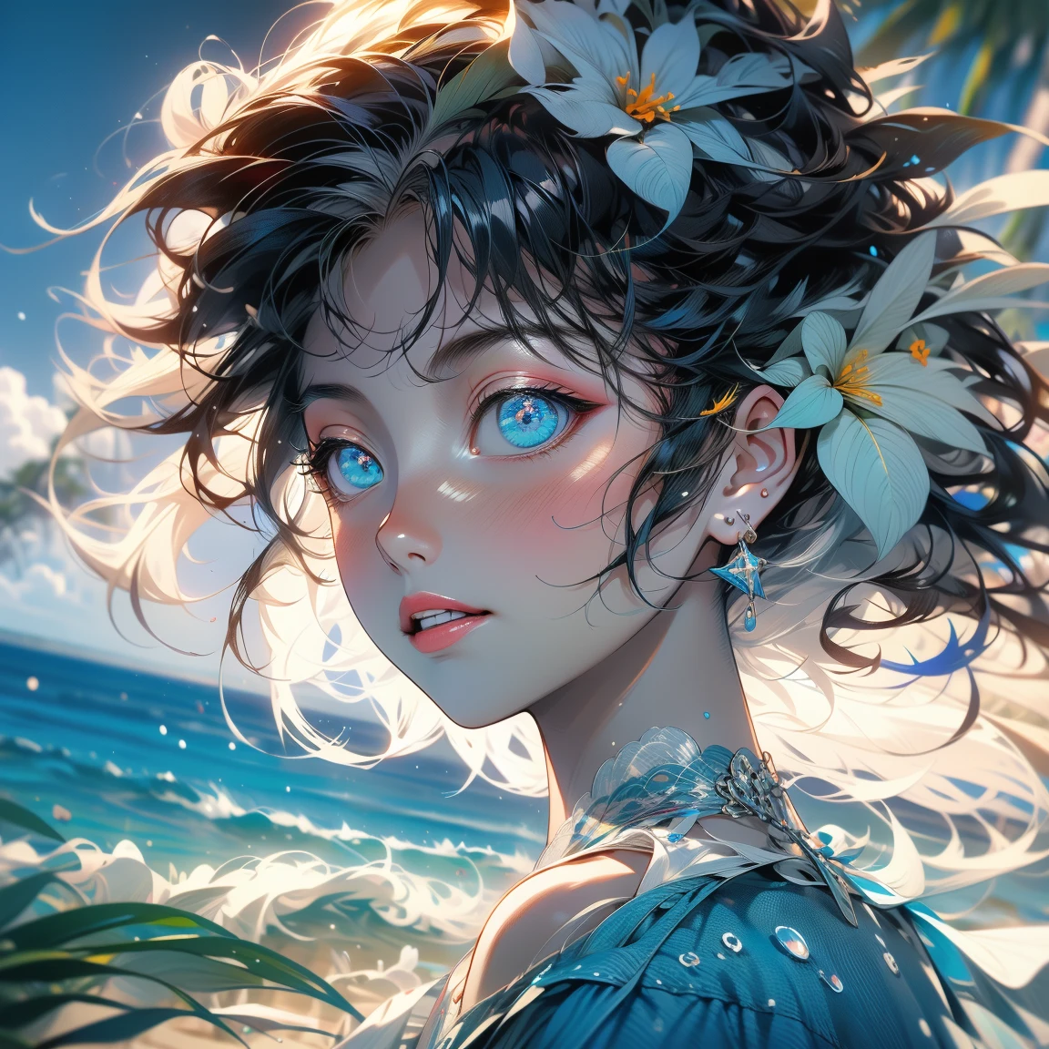 Day scene, close up photo of a sexy latina close uo view, bathing in a ocean,naked, soaked in water, big cheeks, deep cleavage, wet hair, necklace, erotic face, 34 yo, look at viewer and seductive smile, (cinematic:1.3), intricate details, (ArtStation:1.2)