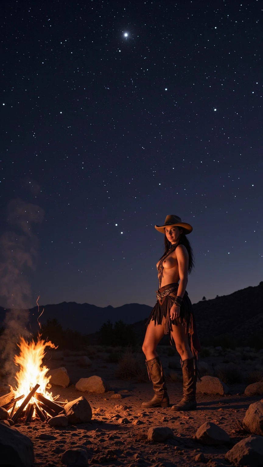 A beautiful woman by the campfire in a forest at night, she’s a model, perfect body, perfect hands, perfect breast, starry night, UHD, masterpiece