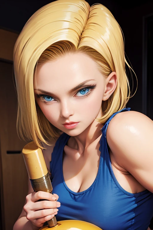 masterpiece, from Android 18, Blonde with big tits , blue eyes, smooth skin detailed face perfectly eyeliner voluminous lips upturned nose extraordinary beauty wallpaper fanart hyperrealistic high resolution 12k