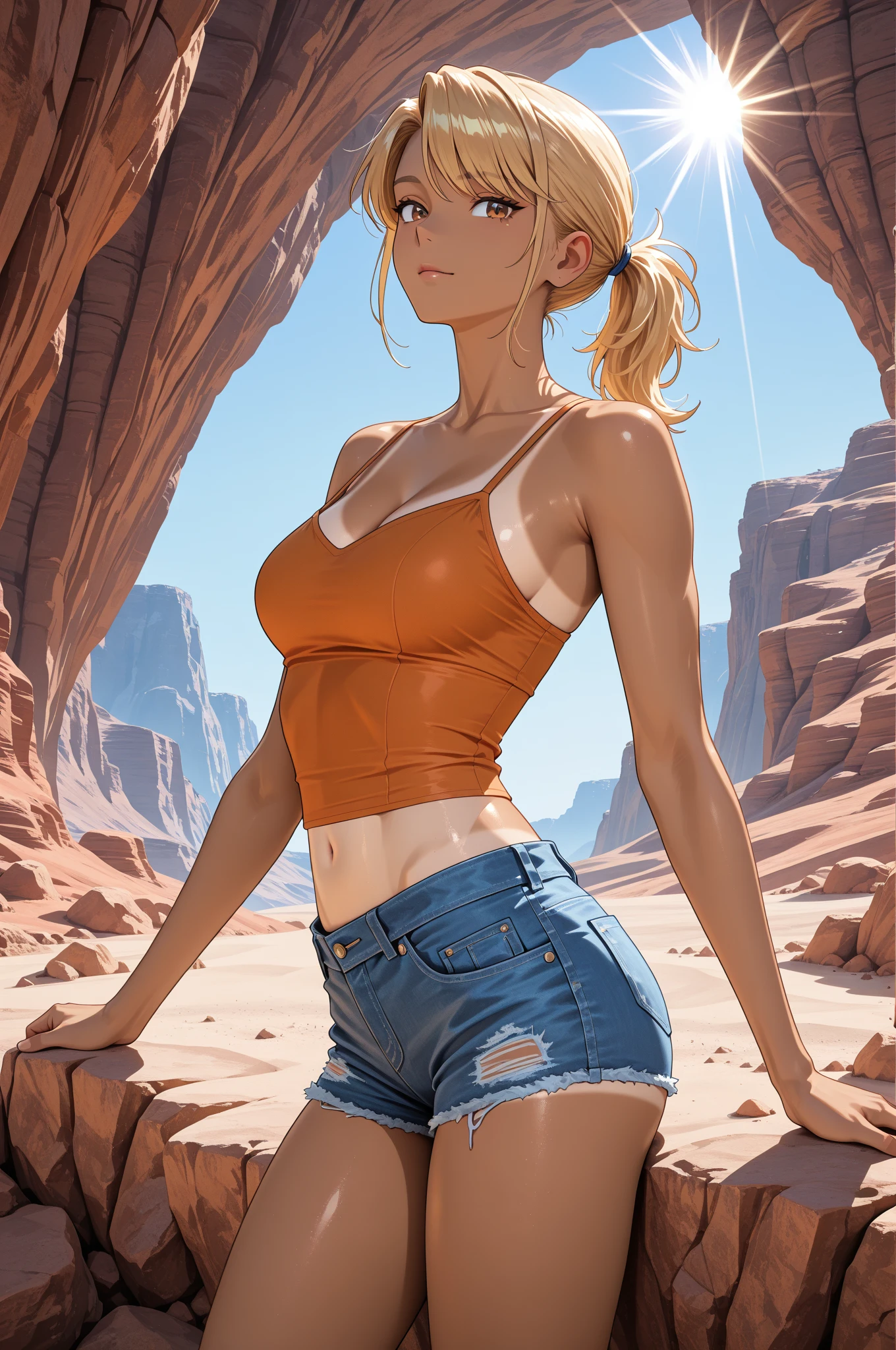 desert, bright sun, exhausted, sweaty, dark skin, blonde hair, ripped clothes