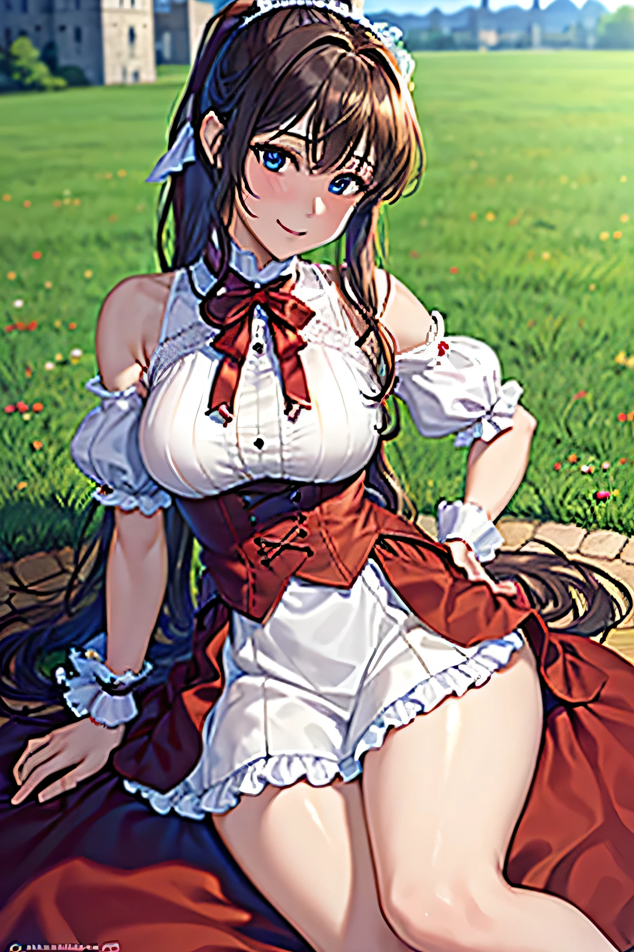 une femme, Mona Lisa, sexy, 25 ans, HD, masterpiece, In a meadow, debout, sexy, robe renaissance, dans une grande bassine, écrasant du raison avec les pieds, pieds nus