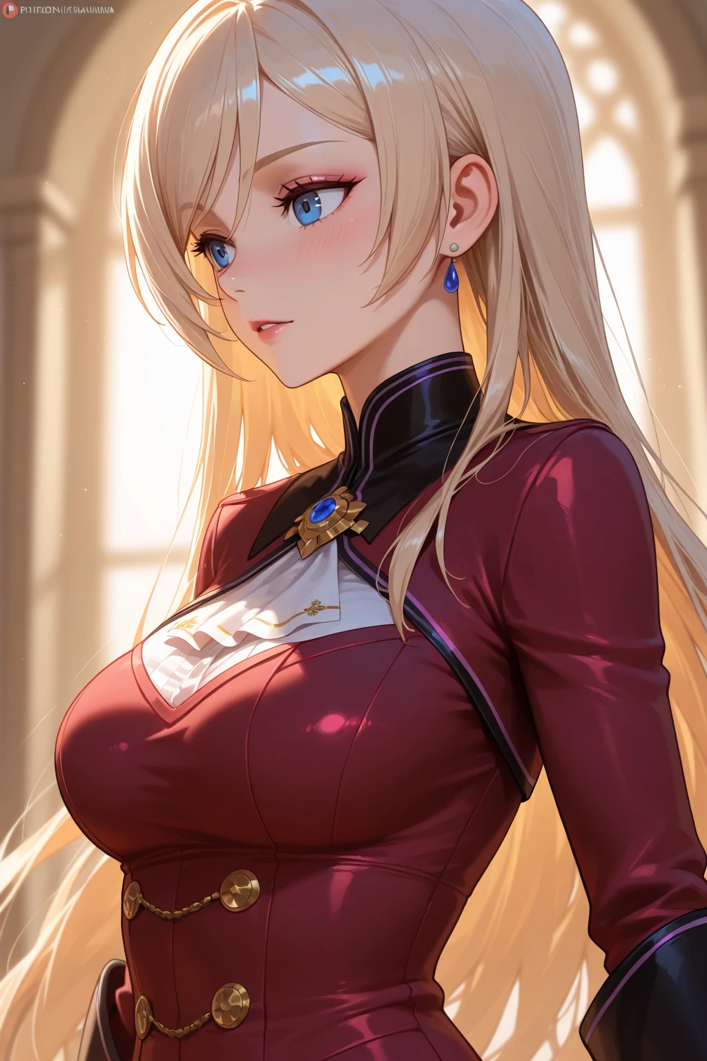 ((masterpiece)), ((best quality)), 1girl, adult, long hair, ((blonde hair)), very long blonde hair, ((intimidant look)), ((close-up)), profile image, green eyes, black and red clothes, sexy, dark colors, brillant eyes, ((coat with fur)), ((wavy hair)), exposed skin, ((sexy pose)), ((intimidant look)), good anatomy, ((dark sage clothes)), ((straight cut bangs)), emotionless, intimidant, ((beautiful eyes)), close up, ((detailed eyes)), beautiful eyes, ((detailed face)), hair bang, frontal look, evil, relaxed, smile, magical goddess othinus, detailed face, eyepatch, full body, ((detailed))
