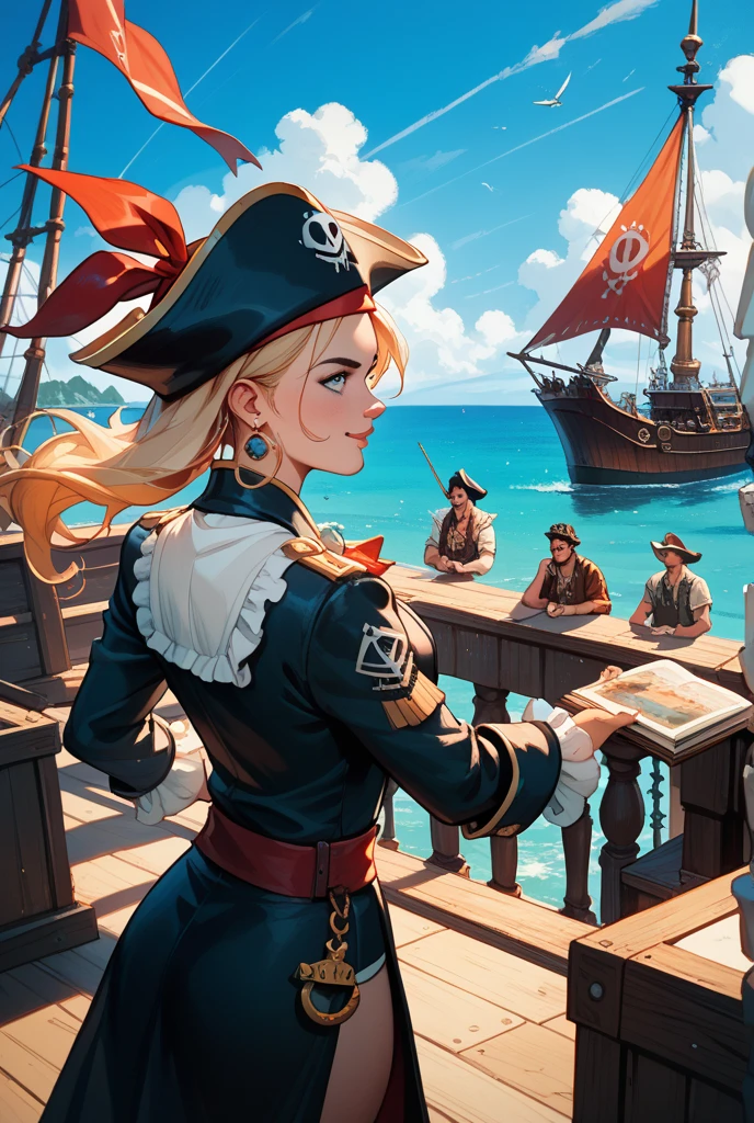 (Best quality, masterpiece:1.2), very detailed, HDR, 20 years, One (pirates of the carribean, Pirate Costume, Rich decorations, Jewelry), (gloomy atmosphere, big hat), I look at the viewer, (Beautiful, detailed eyes, Beautiful, detailed mouth, extremely detailed eyes and face, long eyelashes), (slim, rounded, hourglass) body, (Beautiful, detailed chest, slim breasts, firm breasts), (slim, toned) legs, very sexy, (Cheeky smile, insidious), nsfv