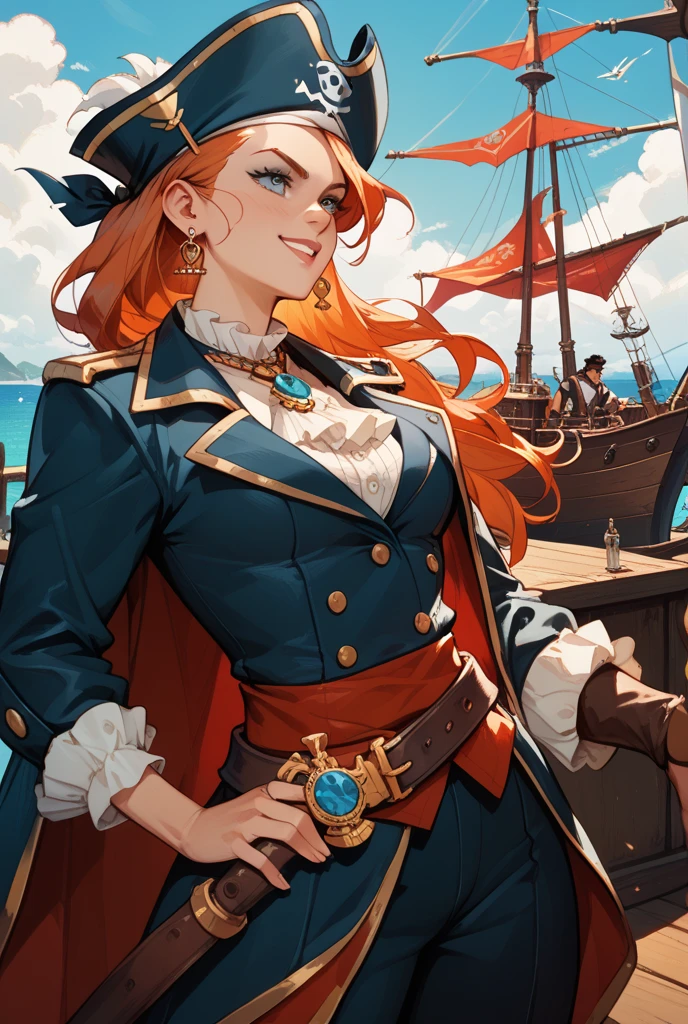 A red haired woman with red eyes and an hourglass figure in a pirate's outfit is pulling on the sails with a frustrated smile on a pirate ship