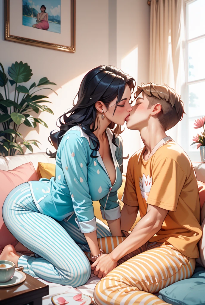 Young and beautiful mother in only underwear kisses her son in the room