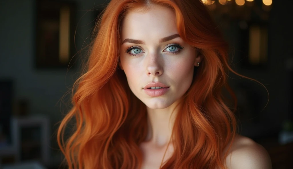selfie of a girl, long hair, copper colored hair, curly hair, green eyes, pink lips, with eyeliner and mascara makeup. sitting on a white bed. epic realistic