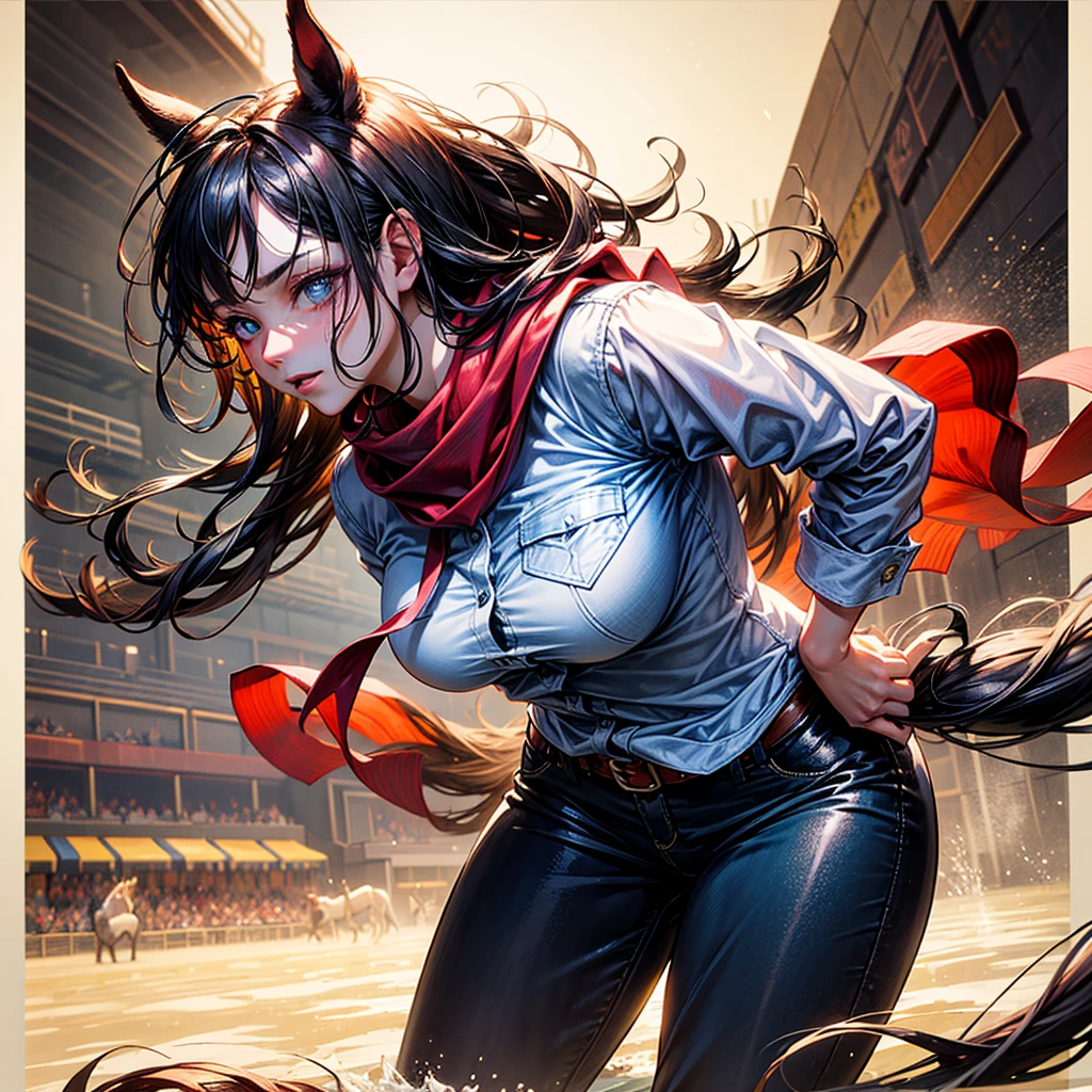 Build me a picture in manga style with the Greek gesture Double Moutza. The hands must be open and grasping each other. The text should not be changed and a horse should be visible. The image must be square and it must contain the original text: παρ' τα