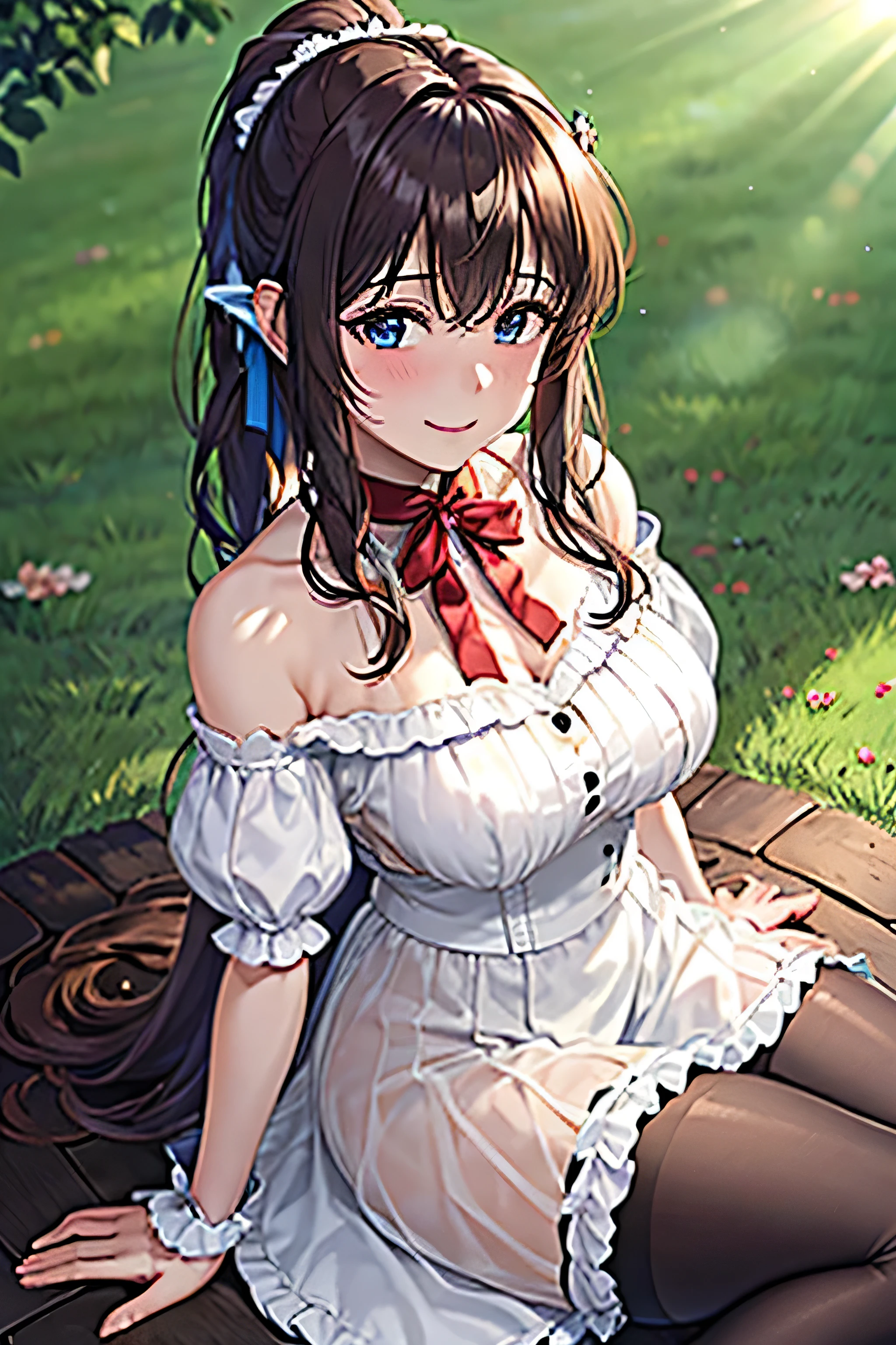 A straight haired brunette adult female lying prone in the fied of beautiful cornflowers, inside old ruined atrium, brown hair, medieval, large long shaped tits, silly personalty, cute happy demeanor, sunny disposition, deredere, village, naked, nsfw, nude, 
