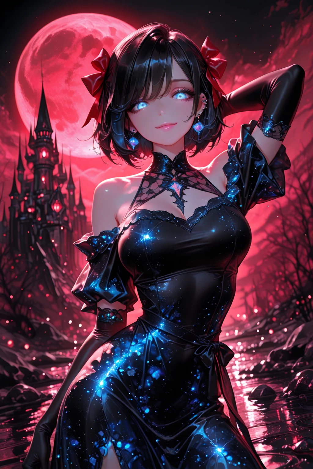 <lora:Crazy_ExpressionsV2:0.8> 1girl, elf, pointy ears, black hair, red glowing eyes, crazy smile, constricted pupils, inside dark gothic castle, black imperator outfit