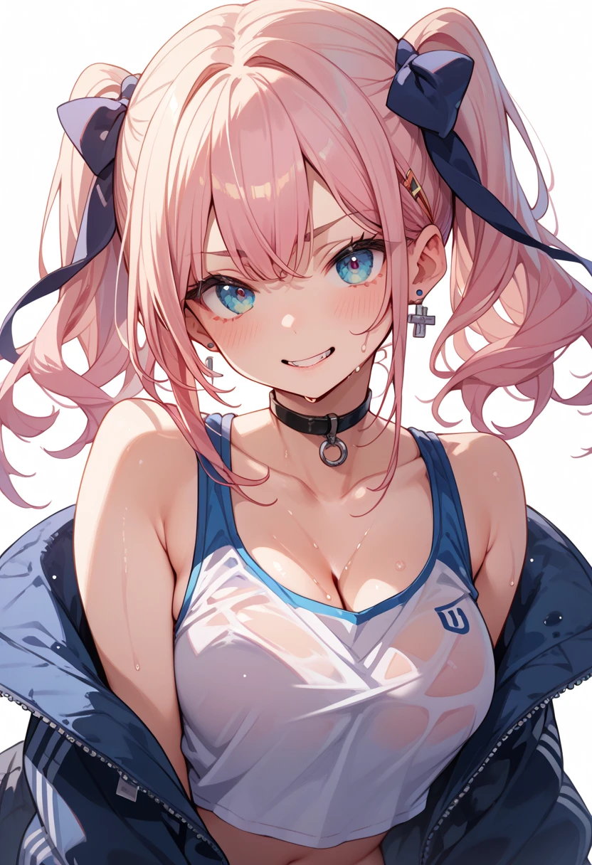 1womanl,Black hair,12year old ,((Impatient expression)),Beautiful breasts,(((Sexy magical girl white and pink shiny bodysuit)))(())(((Blushing cheeks、Surprised look)),(((Satin Narico))),((( portlate))),we have blue eyelashes)))()Street,Crowds(magical girl hair ornament)