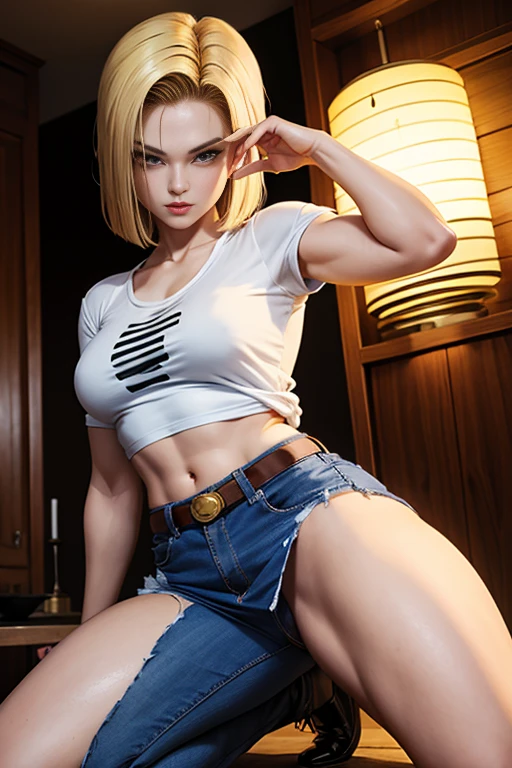 8K, Ultra HD, super details, high quality, high resolution. Android 18 looks beautiful in a full-length photo, her body is sculptural, her short blonde hair shines in perfect combination with her white skin, her bright blue eyes hypnotize everyone. She looks very sexy, drawing attention to her big breasts and thick legs.