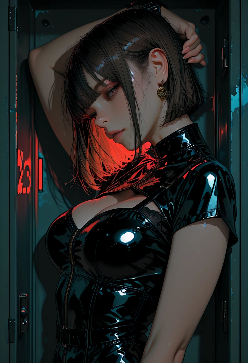 monochrome, greyscale, blood, cable, science fiction, cyberpunk, chromatic aberration, indoors, detailed background, night, 1girl, beautiful, solo, bare shoulders, Seductive,