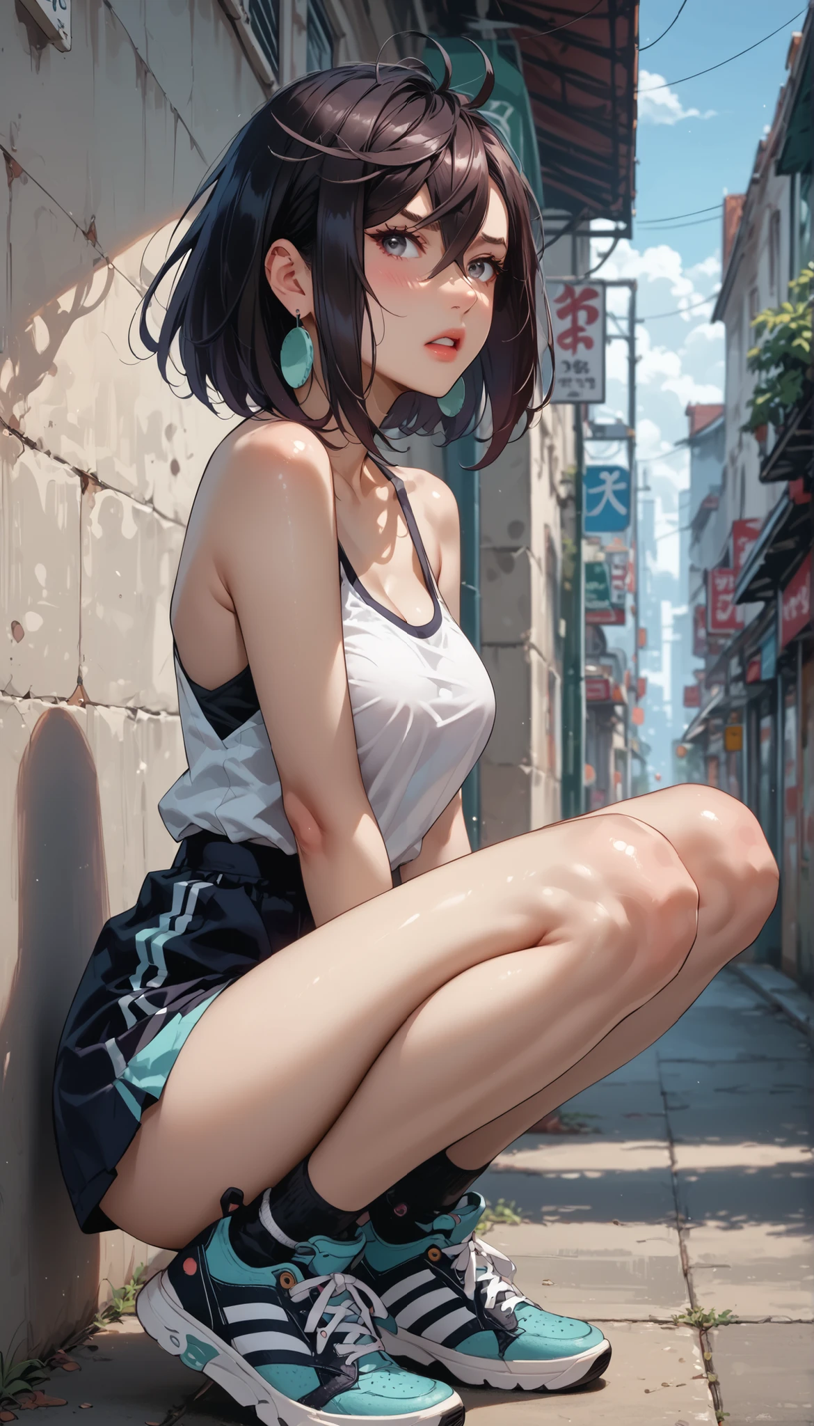 (Top Quality, 8k, 32k, Masterpiece, UHD: 1.2), Mature 40s Japan Woman Picture, Black Short Hair, Beautiful Face, Mature, Elegant, (Slouch: 1.3), Squatting, (From Top: 1.2), (Close Up: 1.4), POV, Loose T-shirt, Big Breasts, (Beautiful Nipple Slip: 0.9), Outdoor, Wind, Glossy Skin, Blurry Background, --auto --s2