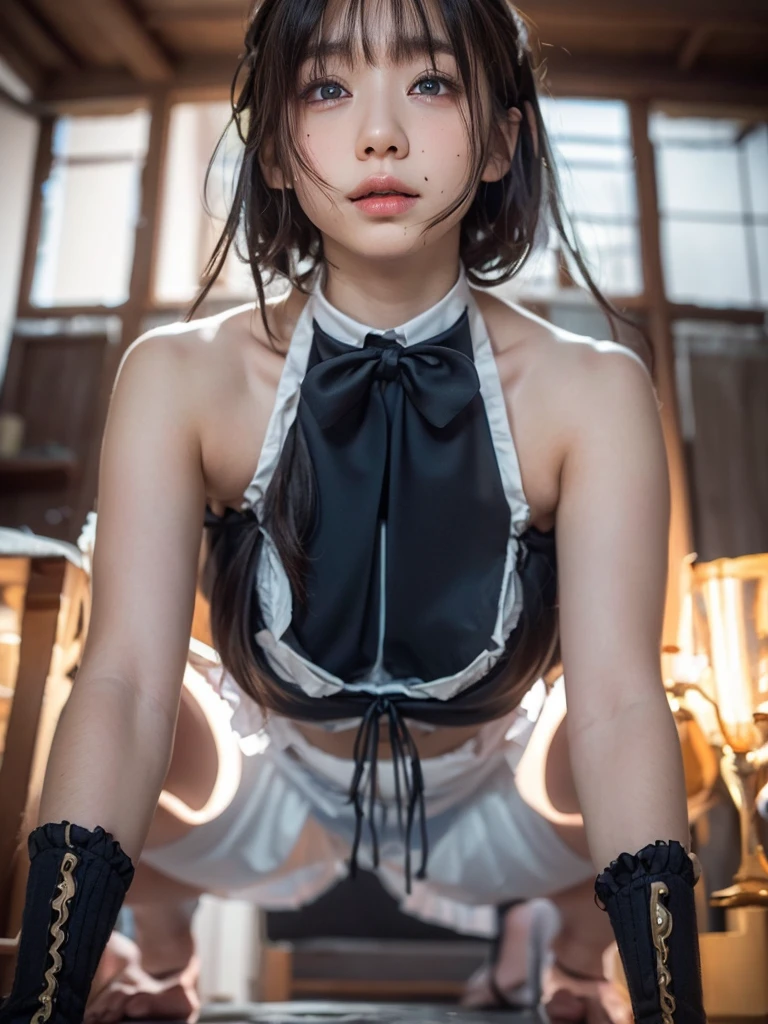 (41k4:0.65), (aika-sawaguchi:0.6), masterpiece, Best Quality, 8K, Raw photo, (maid:1.7), (kneeling in front of viewer:1.4), (from above:1.5), top-notch quality, masterpiece, (exceptionally detailed RAW color photo, professional-grade photograph), (facing viewer:1.5), (bondage:1.5), (shackled:1.6), (tied up with chains:1.5), (slave:1.5), (wearing slave collar:1.3), (looking up at viewer:1.4), (Realistic, Photorealistic:1.37), (highly detailed skin:1.2), Ultra-high resolution, (lens 50mm), (masterpiece, top-quality:1.3), (hyper realistic:1.35), (Photorealistic:1.45), (Realistic:1.4), solo, (1 pretty Japanese girl), 21 years old, Japanese idol, supermodel, pale skin, (slim:1.3), (slim body:1.25), (slender body:1.25), (narrow waist:1.35), pretty face, (large breasts:1.15), (deep cleavage:1.4)