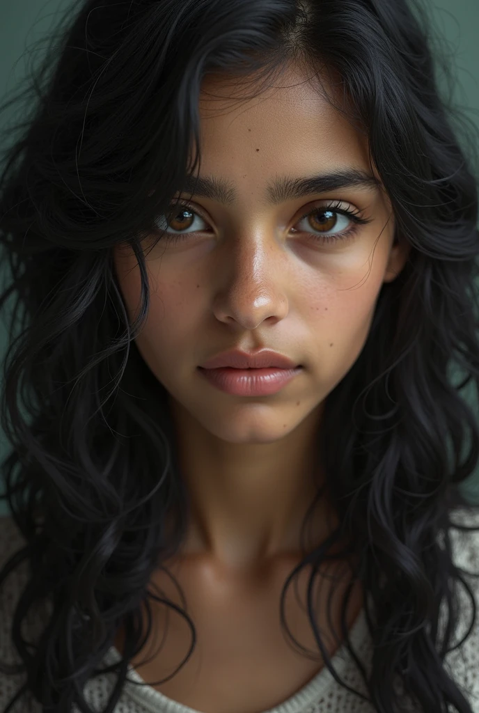 a portrait of a 19 year old royal human woman with green eyes, tan skin, long curly black hair, angular features, character portrait by senior character artist, Artstation, fantasy art, stunning character art, fantasy concept art portrait, epic exquisite character art, character portrait art, fantasy character portrait, fantasy female portrait, character concept art portrait, character art portrait, beautiful woman, (muted natural colors: 1.3), 1 critical role, human ears, muscular, wearing black robes accented with purple, female sorcerer, monochromatic background