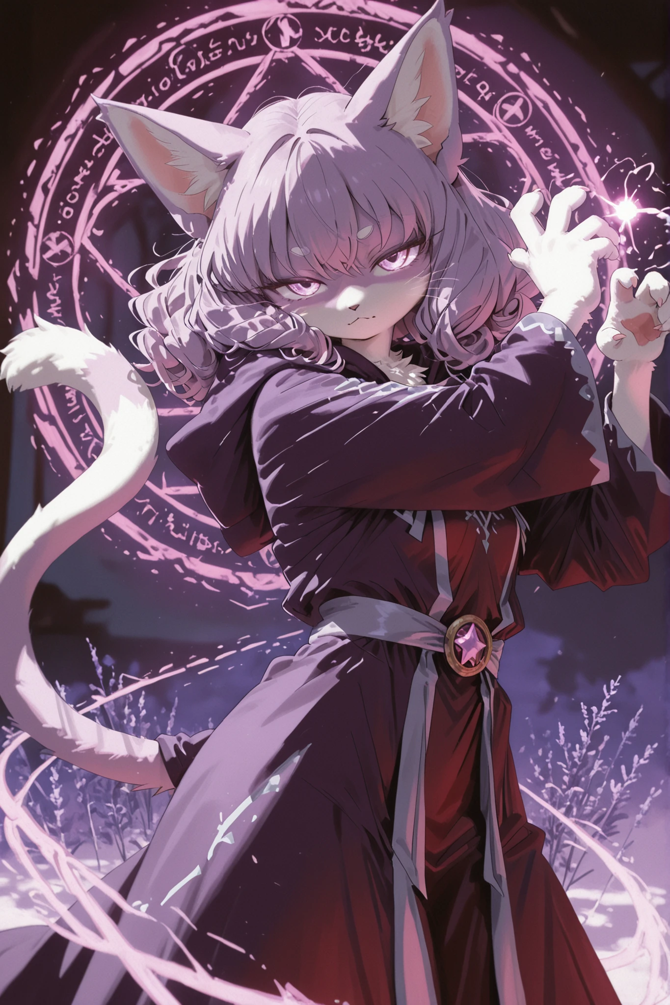 Kemono,Kemono style, furry female cat character, long curly hair, light cream fur, fantasy mage robe, lavender eyes, thick curled cat tail, casting magic circle pose, glowing effects, soft lighting, highly detailed illustration,