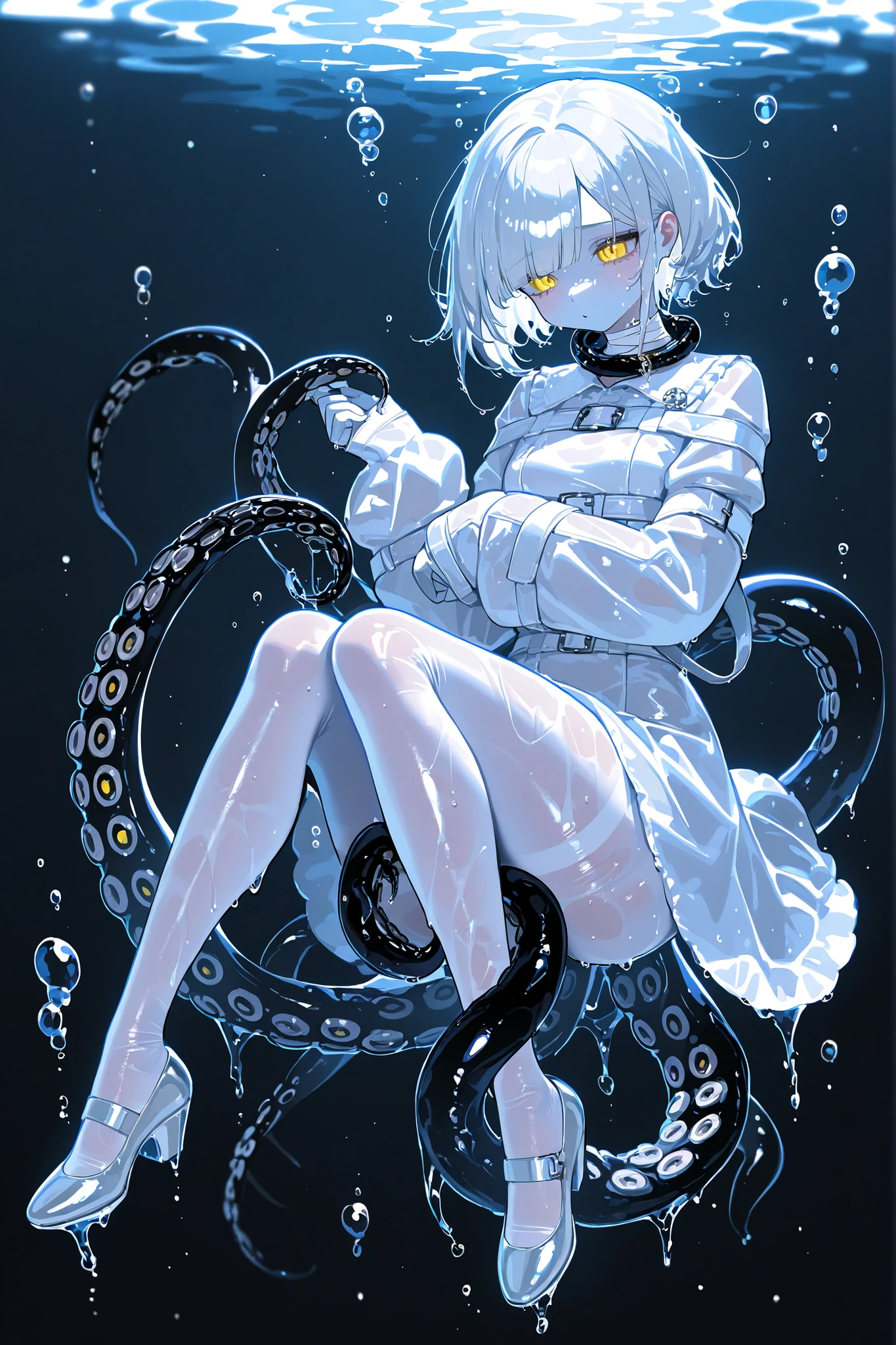 Monster girl octopus or a kraken. She has jet-black ,wet, glossy skin. she has a grills on her neck. She has four yellow eyes with a horizontal pupil. She has longest black tentacle hairstyle, tentacles of her bangs are wriggling in the water. She has a tentacle tail. She is wearing a long snow-white Gothic-style dress with long straitjacket sleeves. She wearing a white tights and white Mary Jane shoes. There are ribbons of torn bandages around her neck and legs.  In the background: a dark flooded Gothic castle underwater overgrown with corals and algae, small silver fish swimming in the water, water bubbles.