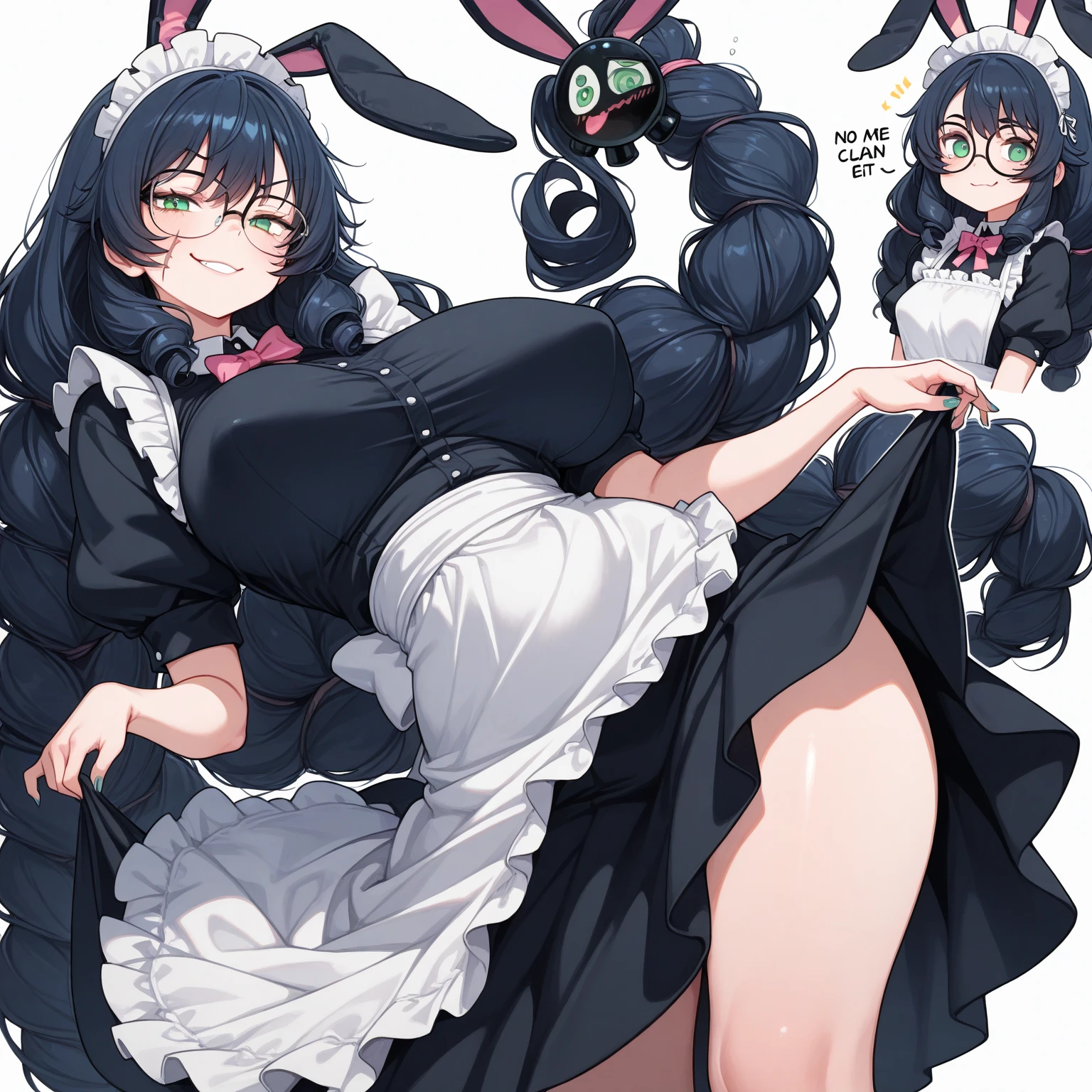 masterpiece, best quality, 1 girl, black bunny suit, plump, dark purple hair, dark purple eyes, blunt bangs, long hair, sharp details, tall, mature woman, gurgling_noise, heart eyes