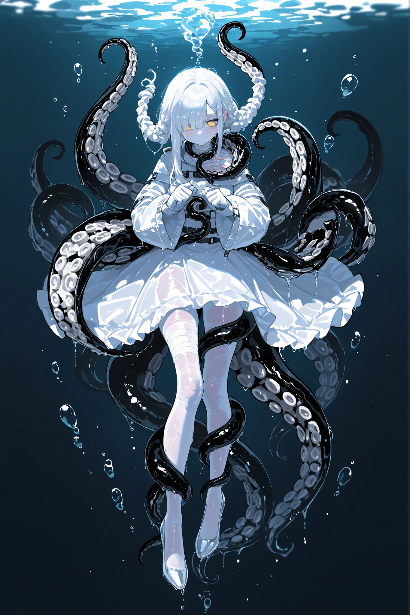 Monster girl octopus or a kraken. She has jet-black ,wet, glossy skin. she has a grills on her neck. She has four yellow eyes with a horizontal pupil. She has longest black tentacle hairstyle, tentacles of her bangs are wriggling in the water. She has a tentacle tail. She is wearing a long snow-white Gothic-style dress with long straitjacket sleeves. She wearing a white tights and white Mary Jane shoes. There are ribbons of torn bandages around her neck and legs. In the background: a dark flooded Gothic castle underwater overgrown with corals and algae, small silver fish swimming in the water, water bubbles.