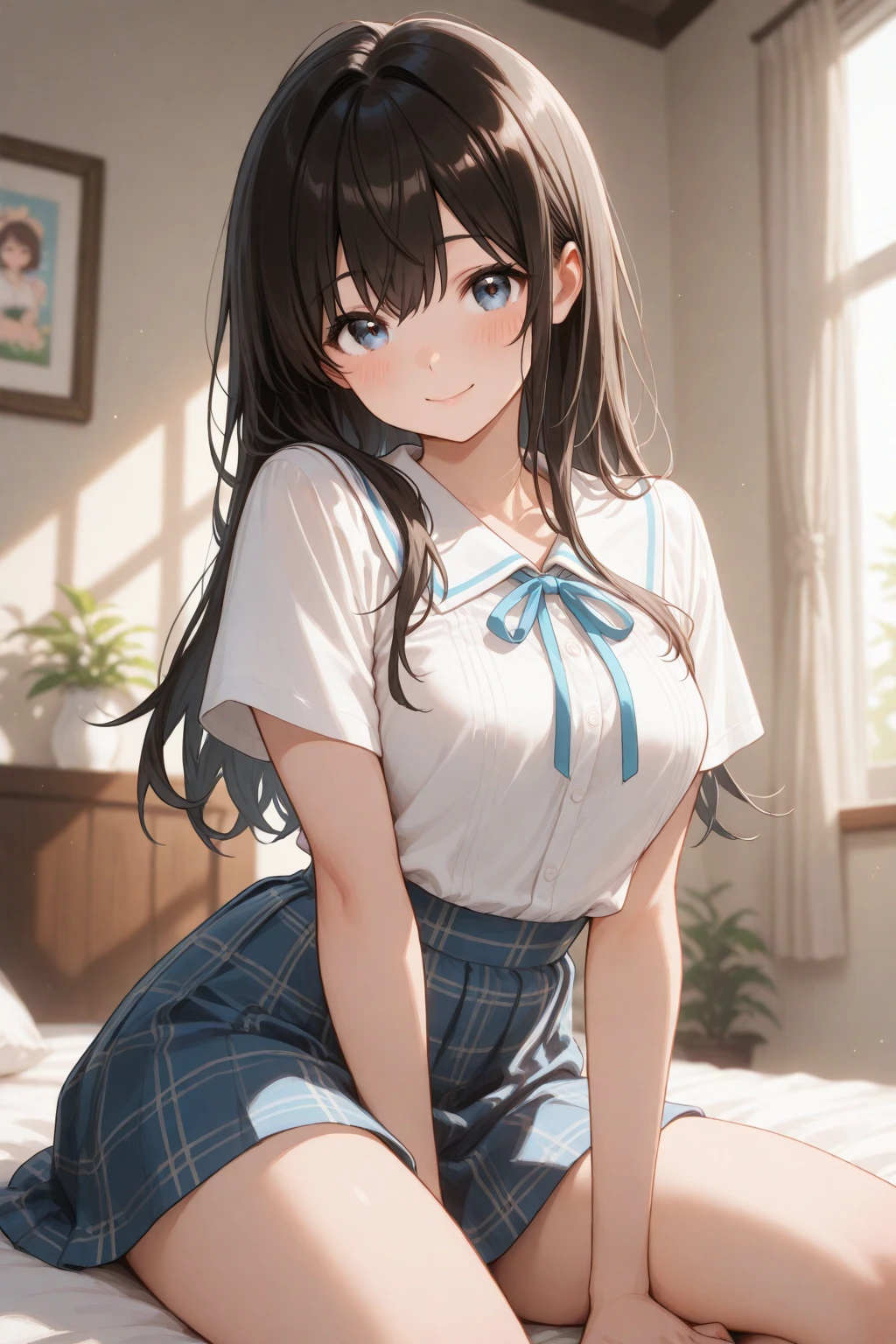 1girl, solo, paw pose, from below, blue eyes, sitting, indoors visible through clothes, camel toe, skirt lift by myself,(nsfw:1.4)