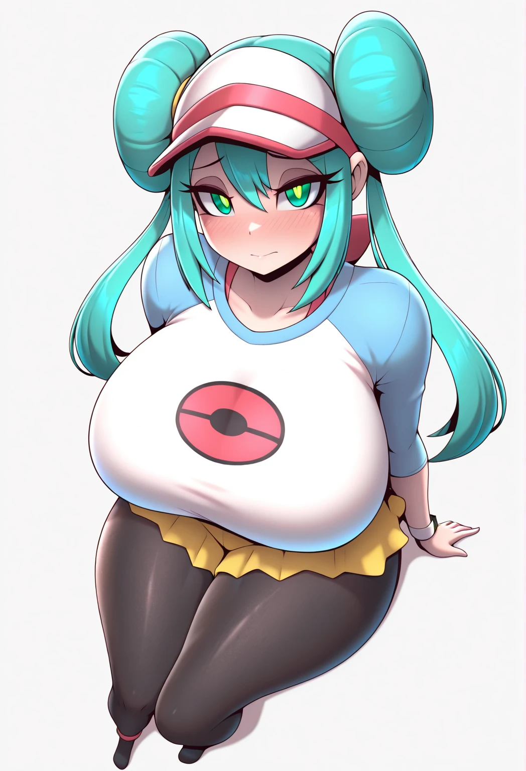 pokémo、big tits milf、big tits milf、big tits milf、supermodel physique、perfect body、Perfect clear skin、surreal、hyper realism、photorealistic、super quality、masterpiece、high quality、beautiful、sexy face、cute、slightly tightened、fit、supermodel physique、3/4 body view、sexy waist、sexy hips、perfect legs、thigh gap、towards the camera、rosa(Pokémon)、1 girl、solo、pantyhose、double odango、bun hair、visor cap、brown hair、blush、yellow skirt、pantyhose、black leggings、black stockingonster ball print