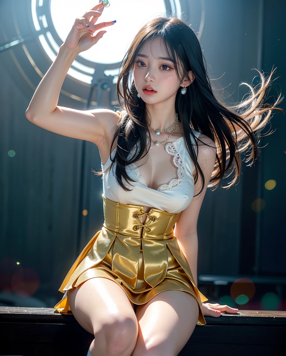 The only 18 year old beautiful girl idol、NSFW、Super detailed、High resolution、transcendental beauty　highest quality、masterpiece、Wear knee socks、Majimix Real、(RAW photo:1.2)、(Photoreal:1.4)、Detailed beauty、and delicate expression、On the concert stage、(An idol group&#39;s costume is torn、I can see your nipples:1.5)、idol costume、microphone、blonde、brown hair、Sweat、Smooth medium hair、((you can see me))、(squat)、eyelash、sparkling eyes、glossy lips、beautiful and detailed eyes、((beautiful japanese girl))、very detailed expression、highly detailed face、movie lighting、positive、((dynamic pose))、((open stance))、(Take off your skirt、I can see your pussy:1.8), idol group costumes、(Accurately represents the shape of the female genitals:1.5), (Detailed depiction of the labia minora, vaginal opening, Detailed depiction of the clitoris:1.5), (Open your legs and see my pussy:1.8)、(Dance with dynamism:1.8)、thin legs、(I have a remote control vibrator installed.:1.7)、Panting with sexual pleasure、(Feel the climax of ecstasy:1.6)、Open your mouth wide and scream、shame、Her cheeks flushed slightly、Heartbreaking cry、angle from below