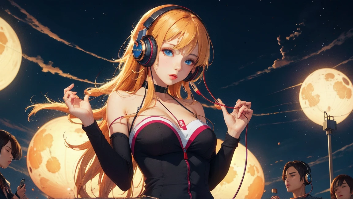 breast_expansion, Long orange hair, red beanie, headphones, breast expansion, Cumflation, white shirt, black short shorts, gigantic tits, besequence, spraying milk, grabbing own tits,