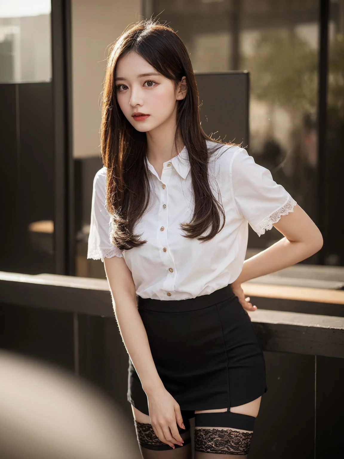nikon RAW photo,8 k,Fujifilm XT3,photorealistic,realistic, solo, photorealistic, best quality, ultra high res, (skin spots:0.1) serious expression, , standing against a city skyline at night,business suits, short, wet and tight shirt,Suit skirt beautiful, masterpiece, best quality, extremely detailed face, perfect lighting, solo,1girl, sexy sight best quality, ultra high res, photorealistic, ultra detailed, masterpiece, best quality, iu1, big jugs