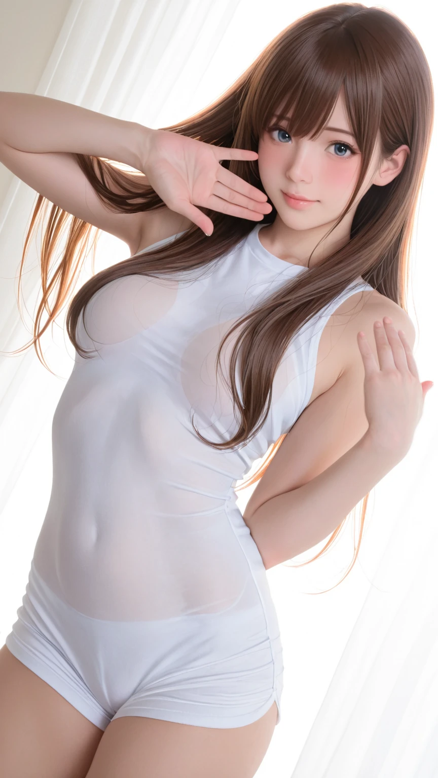 Highest quality、32K image quality、Masterpiece、Tabletop、((Girls with large breasts and short stature)),((Big Breasts:1.7)), Natural Lip、Fair skin、Great light、Beautiful lighting、((Straight hair、ponytail))、Brown Hair、Blunt bangs、((T-Shirts:1.6))、Beautiful thighs,Gorgeous Accessories、Shibuya Ward、Harajuku、smile、かわいいsmile、Crowds in the city、Small face, ((((Browsing Caution))))、A pose that emphasizes the chest、(Perfect Eyes)、(Perfect Mouth)、((Sit in the road))、No clothes、((Full body photo:1.4))