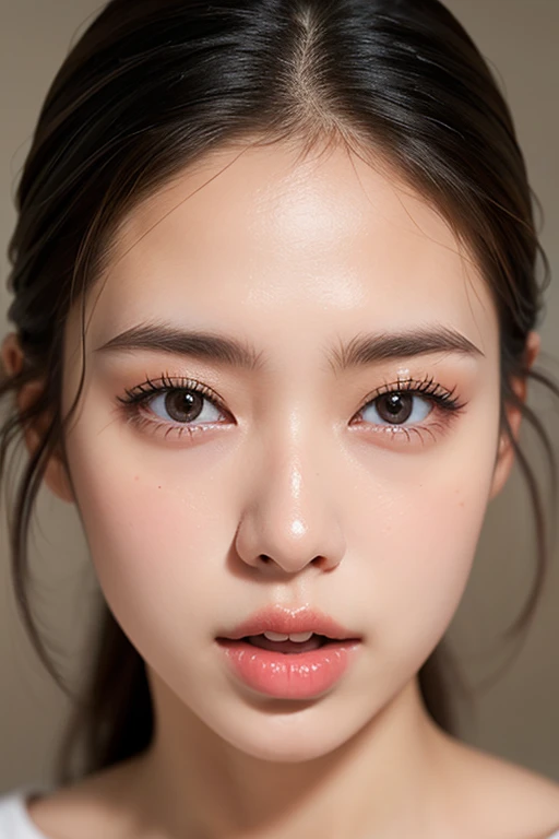 (highest quality,Super detailed,Physically Based Rendering:1.2), Realistic,Portraiture,Beautiful young woman with Braided hair and captivating eyes,Delicate facial features,Soft lighting, Vibrant colors, ((Playfully licking fingers with tongue, Gently placing a finger in the mouth)),Subtle expressions of joy and anticipation,Romantic atmosphere, (Close-up shot of sensual lips),Cheeks turn slightly red,Sensual and sophisticated,A gentle and captivating gaze. centered, Studio gray background .