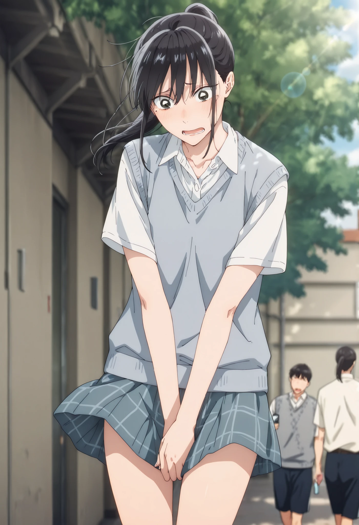 masterpiece, , absurdres, highres, detailed background, high resolution, masterpiece, necessary, detail, best quality, quality, necessary, details, High details, Precise, outdoor, , (dappled sunlight ,day ,lens flare ,blurry background), from below, solo, , ,
detailed, anime screencap , anime coloring , official style , (aged up), head tilt, ,(slim body, slender body),(wind lift), covering crotch, arms between legs, phone, walking,
Break, girl , , <lora:Amaye_Moriya-20:0.8>Ayame, ,black eyes, black hair, long hair, high ponytail, long bangs, hair between eyes, ((sharp eyes)), sidelock, one mole under eye, white shirt, collared shirt, collarbone, , gray knit vest, gray mini skirt, plaid skirt, ,(small breast), pale skin, looking down, light embarrassed, panicking,