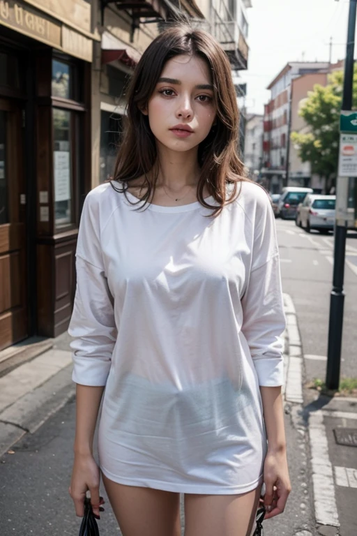 a Malay lady, standing in the middle of a road, in a raining day, gloomy weather, wearing wet oversized t shirt, wet t shirt, close up image