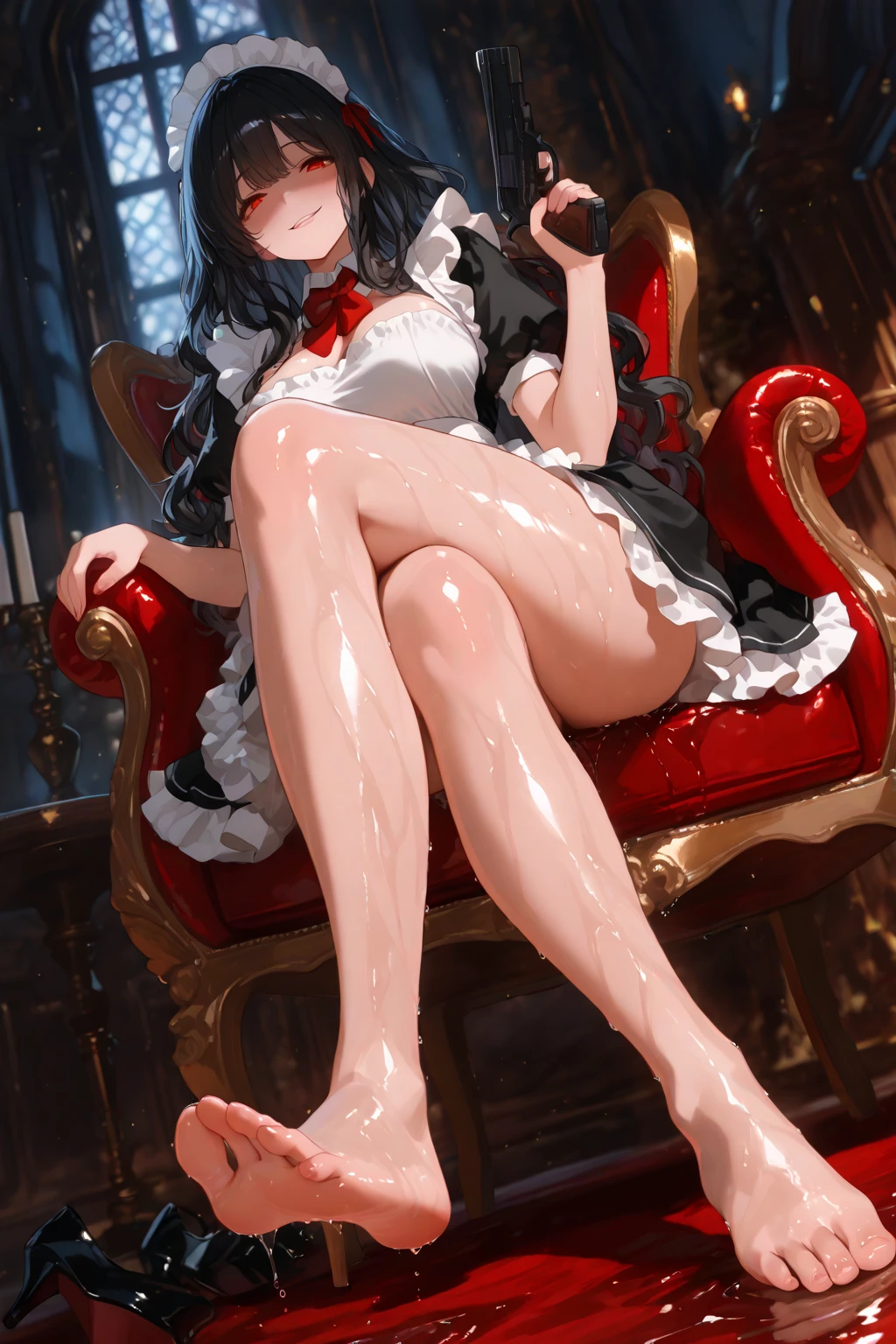 A close-up of an anime queen sitting on the throne with a pair of feet, long black hair, wearing black tights, red eyes, wearing high-heeled boots, soles to you, anime girls sitting, beautiful anime girls sitting down, smiling expressions, kavasi, holding a wine glass, water on the legs, fine details, foot details, wearing pantyhose, detailed legs looming over you --auto