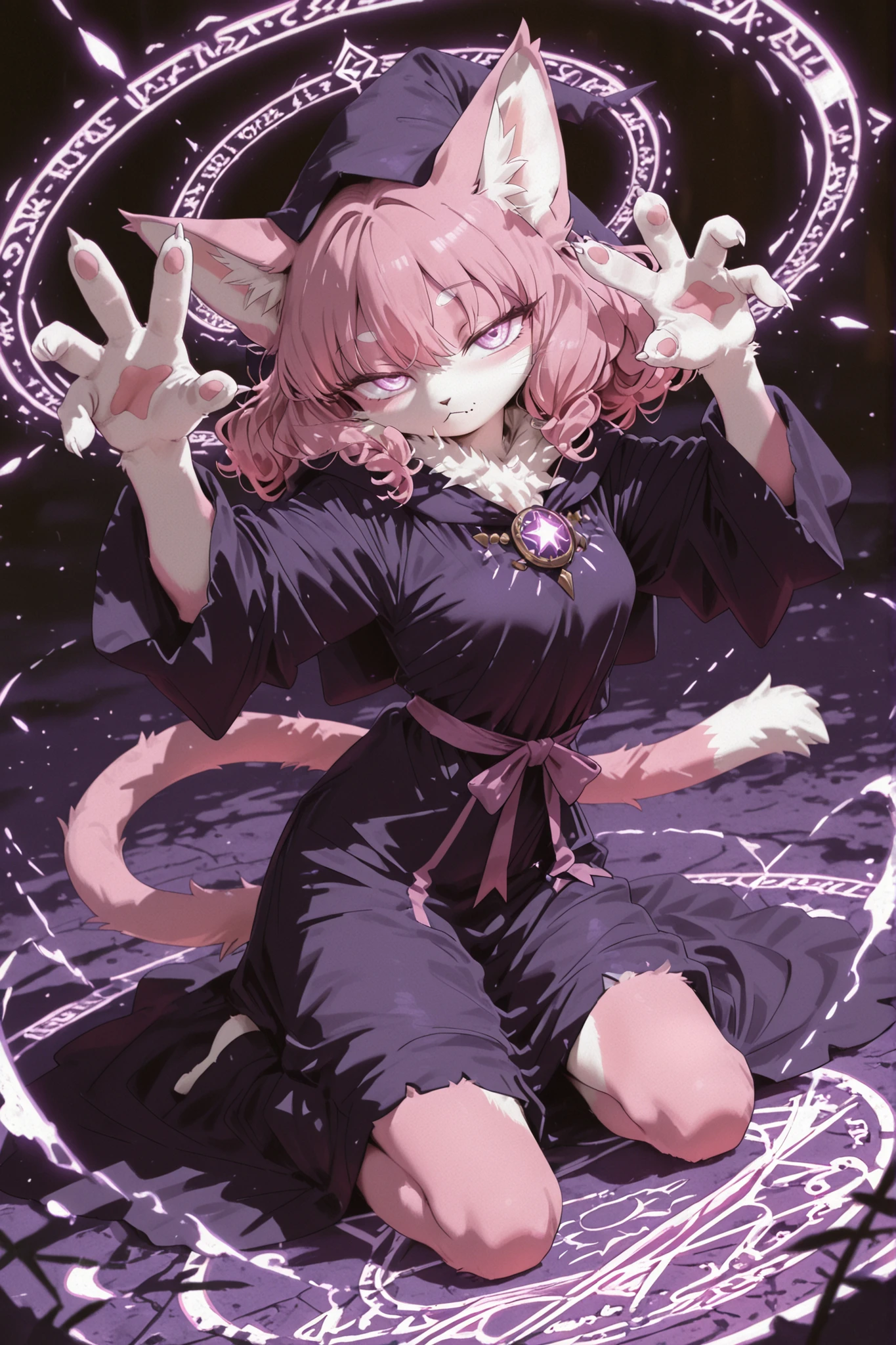 Kemono,Kemono style, furry female cat character, long curly hair, light cream fur, fantasy mage robe, lavender eyes, thick curled cat tail, casting magic circle pose, glowing effects, soft lighting, highly detailed illustration,