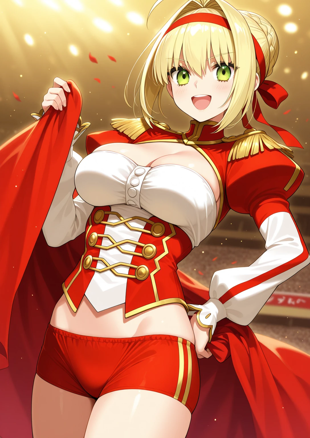 nero claudius (fate), 1girl, breasts, solo, blonde hair, cleavage, green eyes, ahoge, huge breasts, epaulettes, smile, looking at viewer, blush, braid, red dress, hands on hips, dress, hair intakes, long sleeves, closed mouth, juliet sleeves, bangs, upper body, breast focus, collarbone, puffy sleeves, french braid, short hair, ribbon, black background, >:), v-shaped eyebrows, hair bun, red ribbon, Natural Volumetric Lighting And Best Shadows, Deep Depth Of Field, Sharp Focus, Sharp Eyeliner, (Highest Quality, Amazing Details:1.4), Masterpiece, Bloom, Picturesque, Brilliant Colorful Paintings, looking at viewer, pink lips, from above, from above pov, petals, red petals, rose petals