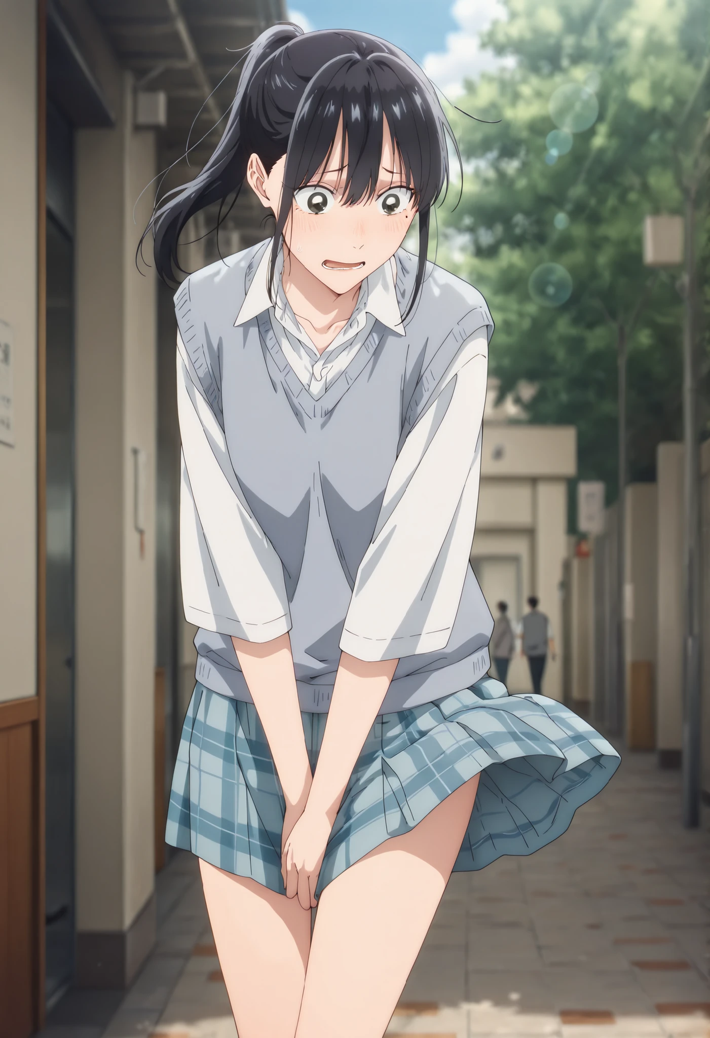 masterpiece, , absurdres, highres, detailed background, high resolution, masterpiece, necessary, detail, best quality, quality, necessary, details, High details, Precise, outdoor, , (dappled sunlight ,day ,lens flare ,blurry background), from below, solo, , , 
                                                                                                                                                                                                                                                                                                                                                                                                                                                  
detailed, anime screencap , anime coloring , official style , (aged up), head tilt, ,(slim body, slender body),(wind lift), covering crotch, arms between legs, phone, leaning forward, walking,

Break, girl , , <lora:Amaye_Moriya-20:0.8>Ayame, ,black eyes, black hair, long hair, high ponytail, long bangs, hair between eyes, ((sharp eyes)), sidelock, one mole under eye, white shirt, collared shirt, collarbone, , gray knit vest, gray mini skirt, plaid skirt, ,(small breast), pale skin, looking down, light embarrassed, panicking,