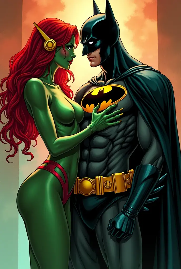 (((Poison Ivy))), (((Superman))), High quality, best quality, masterpiece, (1boy1 1girl), (hetero:1.5), mature woman, curves, long wavy redhead hair, green eyes. cleavage. (((woman wearing strapless black leotard))), reverse suspended congress, legs spread