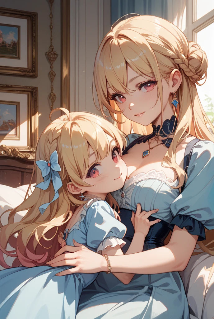 ((The best piece)),((masterpiece)), (ultra-detailliert), (illustratio), (Detail light), (very cute and beautiful),(beautifully detailed eyes),cute face,Light golden hair,short twintails,Red eyes,Rabbit ears,Lori,loli big boobs,large full breasts,Show me your cleavage,Pretty underwear,On the bed,Wearing glasses,Snuggle up,lesbian,french kissing,mother and daughter,