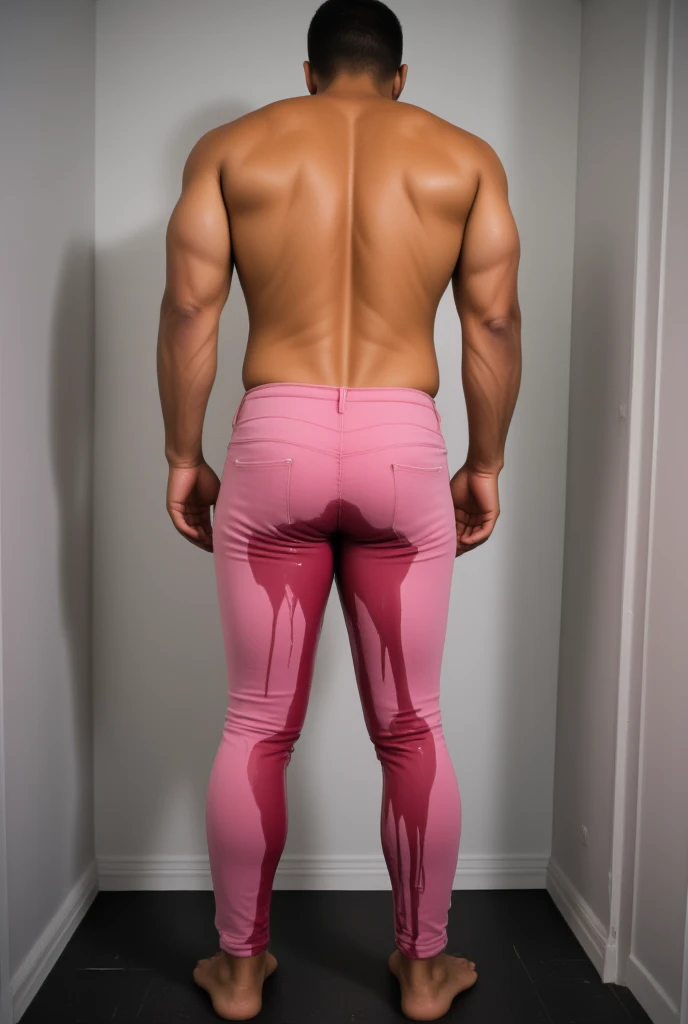 Fullbody standing picture of white Handsome muscular nude horny sexy gay boy wearing skinny tight shiny pink latex bodysuit, shiny light brown hair Disconnected Pompadour oiled hair style, shiny black varnished shoes, big golden neck chain, red lip, six pack, tattoos, horny, cum shot, sperm, milking penis, very big penis, very big testicle, shiny oiled skin, orgasm, oversexed, masturbation, standing at white show room.
