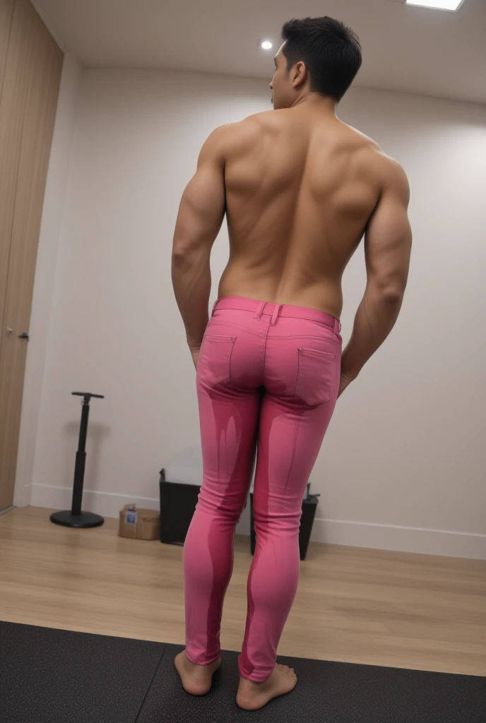 Japanese men、12 years old、Short but well-trained muscles and smooth skin、Sporty short hair、A friendly, healthy smile、The active pose and bulging muscles give the impression of a youthful look.、Healthy boxer shorts made of colorful, thin fabric、In the bathroom、Healthy legs spread wide、Although he is young, he shows off his healthy muscles.