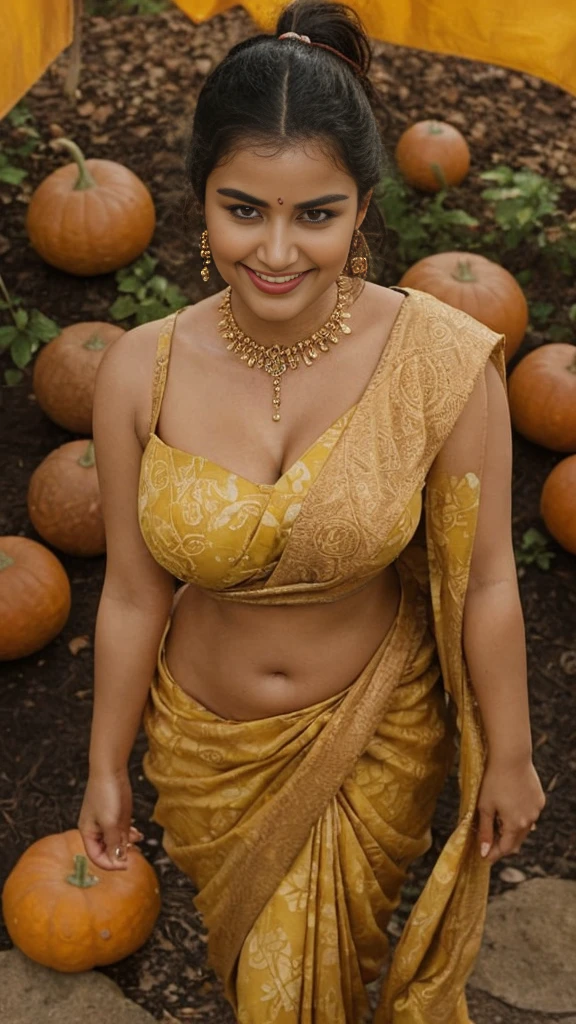 extreme close up photo of  samantha, hide behind big pumpkins with wide open  from top view, hourglass figure, swooping , deep cleavage, curvy, armpits, yellow saree,  eyes, look at viewer lusciously, subtle smile,  red lips, sultry, ponytail, 4K, HD