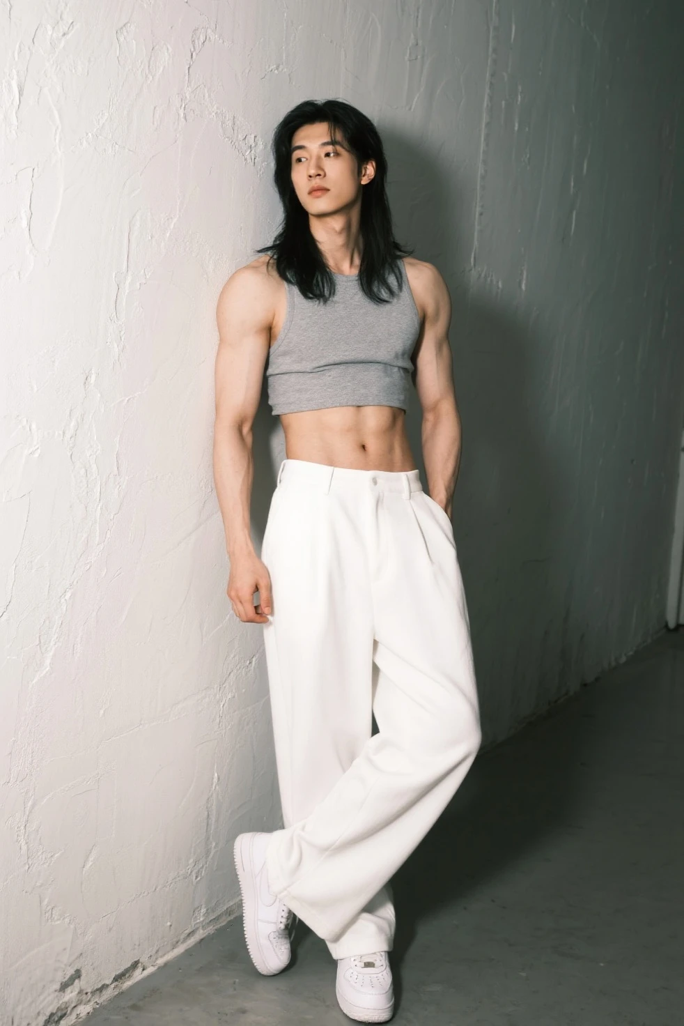 a picture, a handsome, 8k full body portrait of a man, Move ki, disheveled long hair, musculature, Detailed muscular physique, a picture, (​masterpiece, top-quality, top-quality, Official art), Photorealistic depiction,20yr old, Toned waist, long limbs, Large and dynamic movements, Make a high side kick, bare-legged, White Karate Uniform, White Hand Belt, White karate pants, Accurate depiction of details, Perfect skeleton, Look straight at your audience, sharp gaze