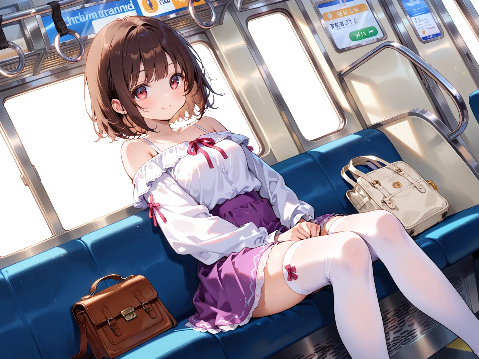 masterpiece, Highest quality, Nico_Yazawa,High resolution, 1 Girl, alone, Brown Hair, short hair, Twin tails、Purple eyes,  , , (Cleavage)、(Beautiful thighs), Carrying a red backpack, (randoseru backpack:1.2) Sweaty、Thick thighs、Highest quality、4K、1girl, 8years old, loli, cute, grin, 、Pink school swimsuit、on the train、Many passersby are surrounding the girl.、、Thick thighs、Ahegao、Men holding their penises and surrounding girls、Semen from the penis、Bukkake、Bukkake、（Bukkake）projectile cum、Blowjob
