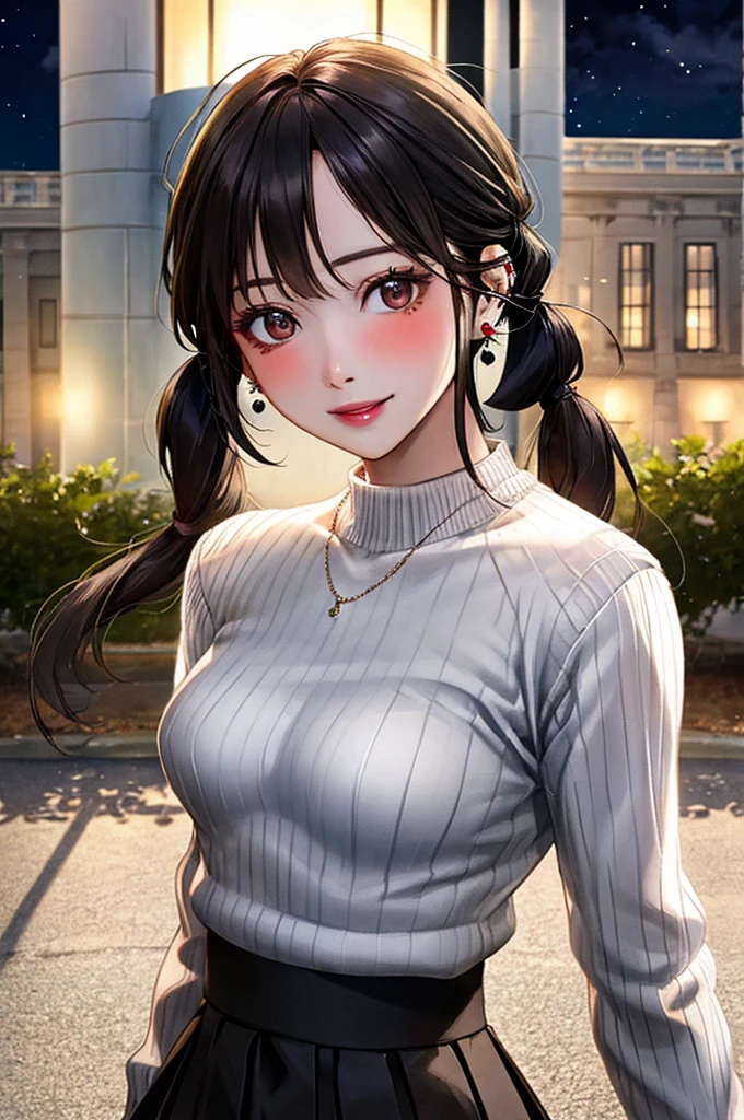 (masutepiece, Highest Quality), Beautiful and aesthetic, 1womanl, Idol, Elegant, (25 years old), Portrait, lightsmile, (North Reason Knit), Entire upper body, Simple background,