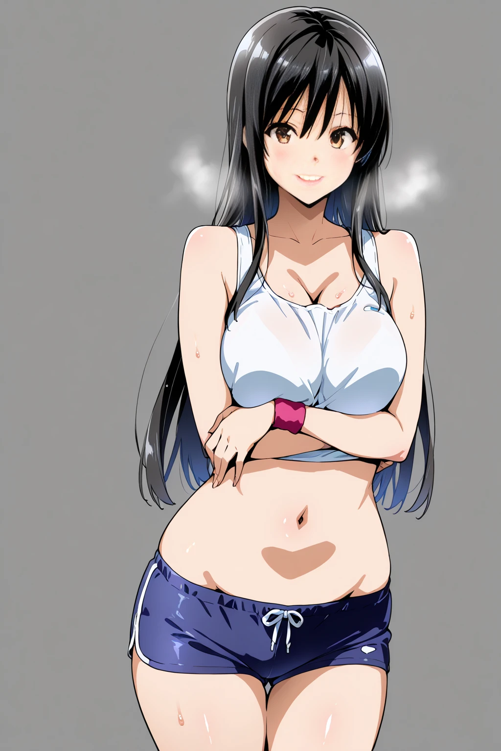 (masutepiece, Best Quality, High resolution:1.5, anime colours, megami magazine:1.2, anime poster style, anime keyvisual, sharp, 8k, photorealistic), (beautiful detailed eyes:1.5, beautiful detailed face:1.2), madoka ayukawa, 1girl, blush, (black hair, Long Hair), (sagging huge breasts), (sports bra), upper body, (Perfect detailed Anatomy, beautiful detailed hair, beautiful detailed body:1.2, shiny skin), (thick outline, Beautiful outlines, black outlines), (simple background:1.5)